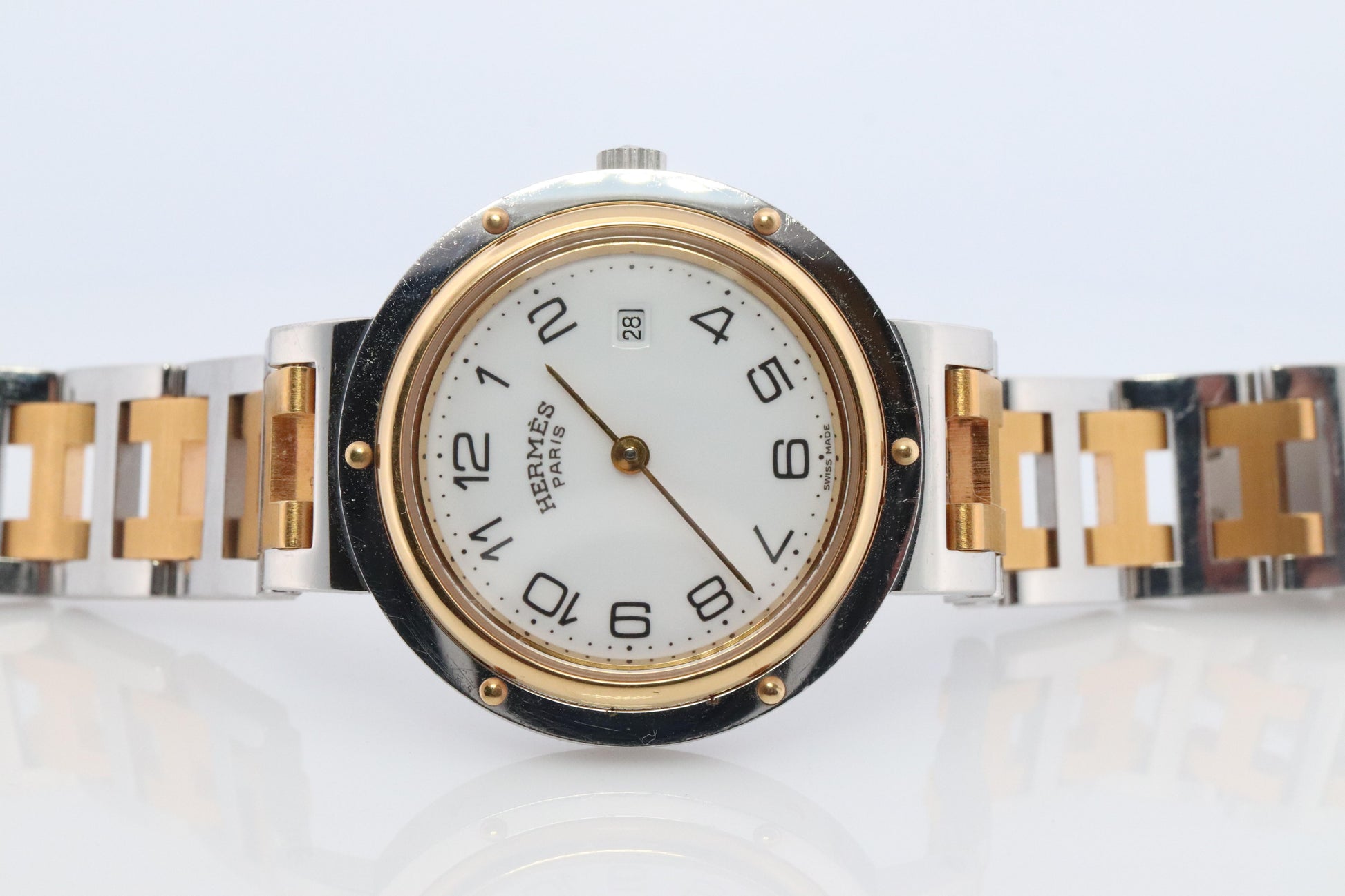 Genuine HERMES Stainless Steel 30mm Round Clipper Quartz Watch White.
