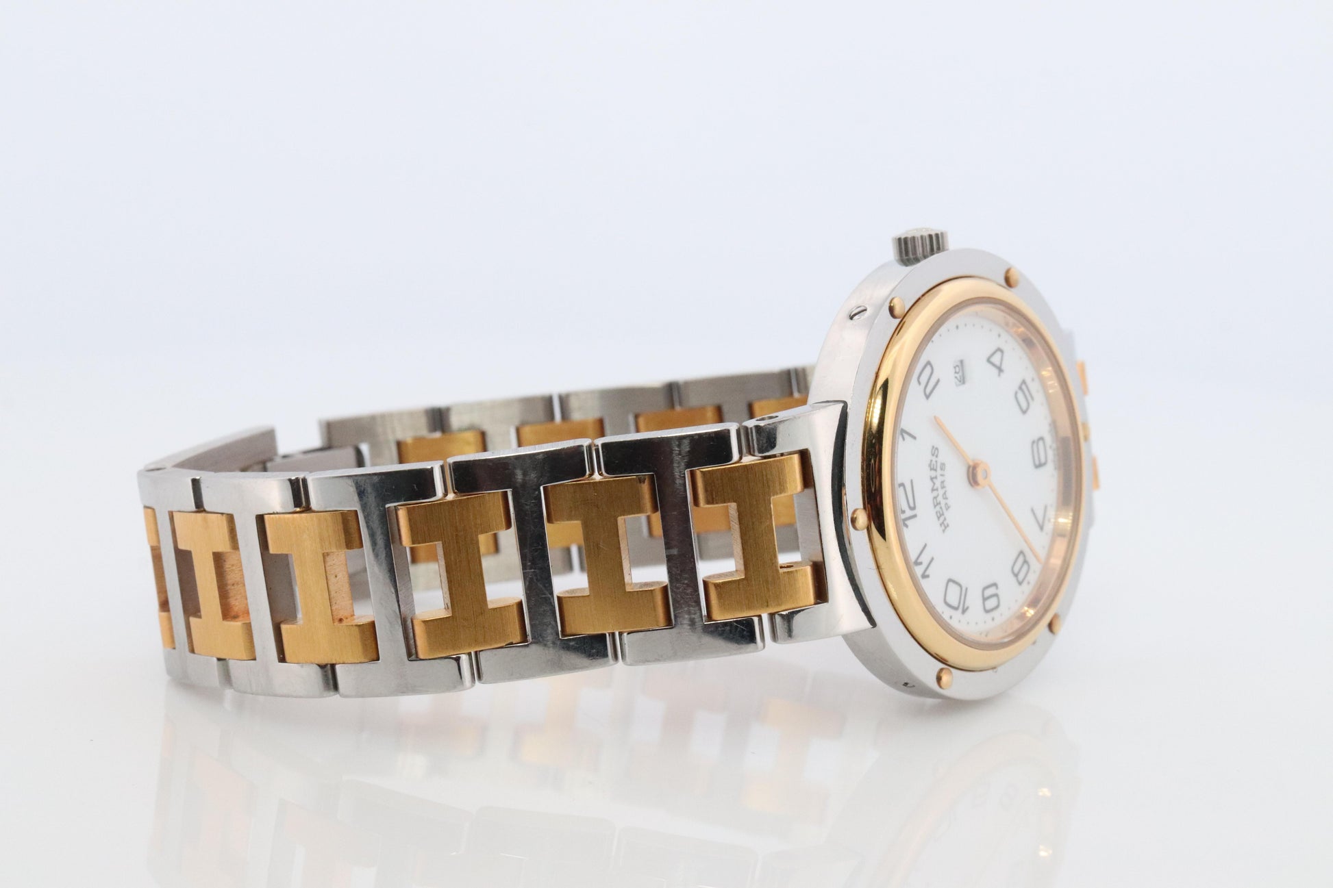 Genuine HERMES Stainless Steel 30mm Round Clipper Quartz Watch White.