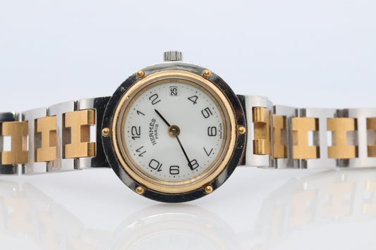 Genuine HERMES Stainless Steel 24mm Round Clipper Quartz Watch White Dial.