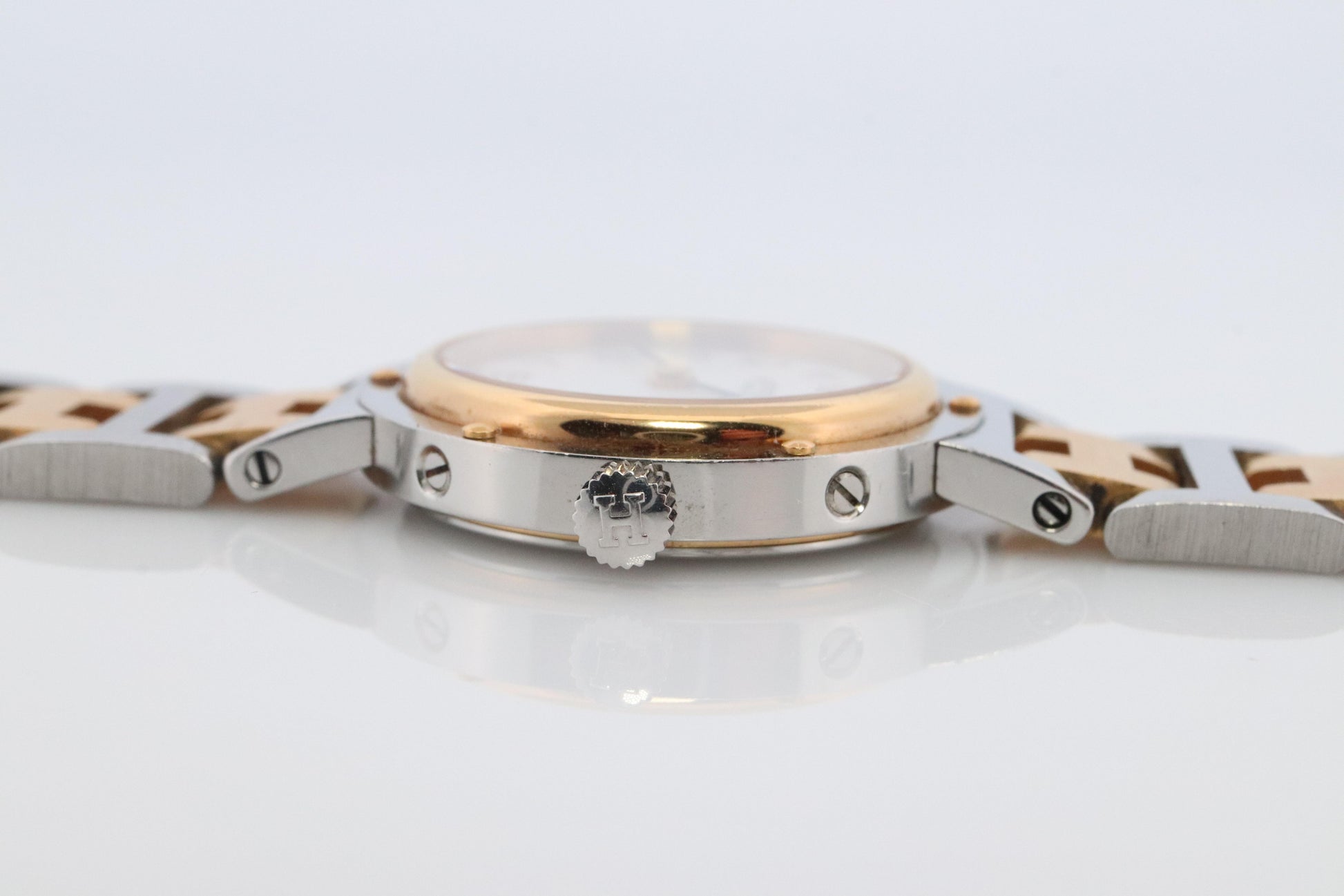 Genuine HERMES Stainless Steel 24mm Round Clipper Quartz Watch White Dial.