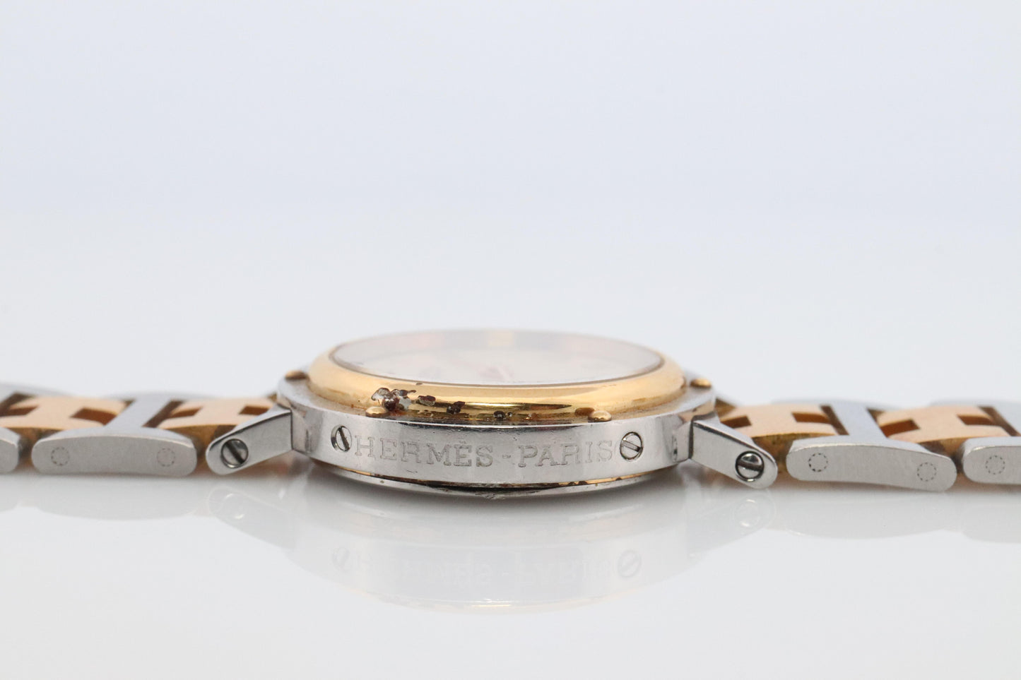 Genuine HERMES Stainless Steel 24mm Round Clipper Quartz Watch Champagne Dial.