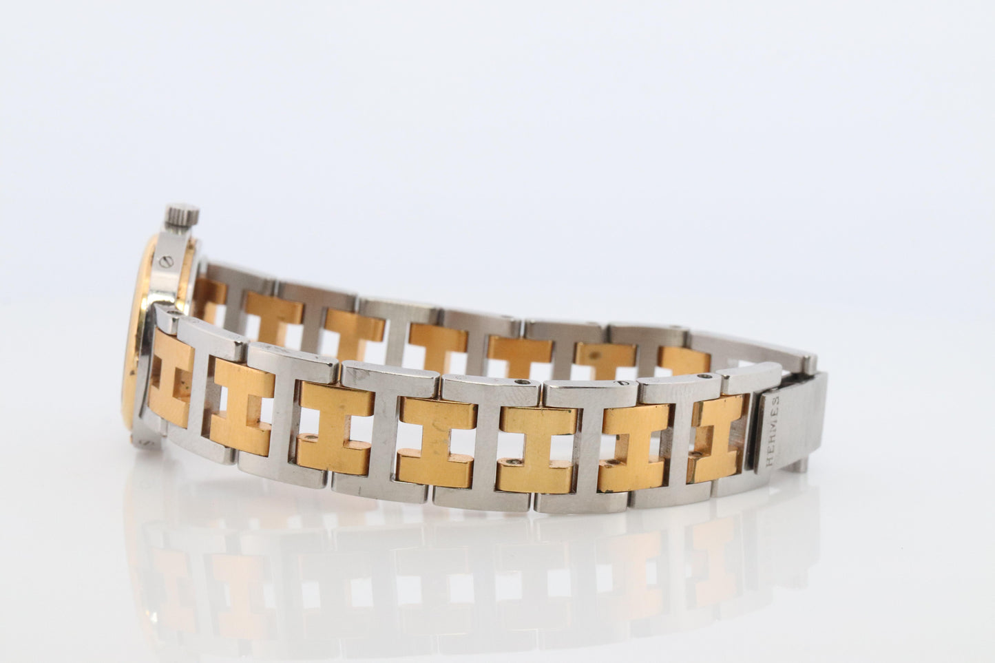 Genuine HERMES Stainless Steel 24mm Round Clipper Quartz Watch Champagne Dial.