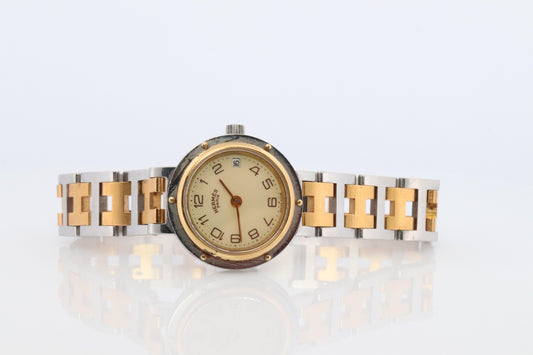 Genuine HERMES Stainless Steel 24mm Round Clipper Quartz Watch Champagne Dial.