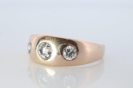 Antique 14k Triple Diamond signet ring. Gypsy Diamond bezel set into Signet band