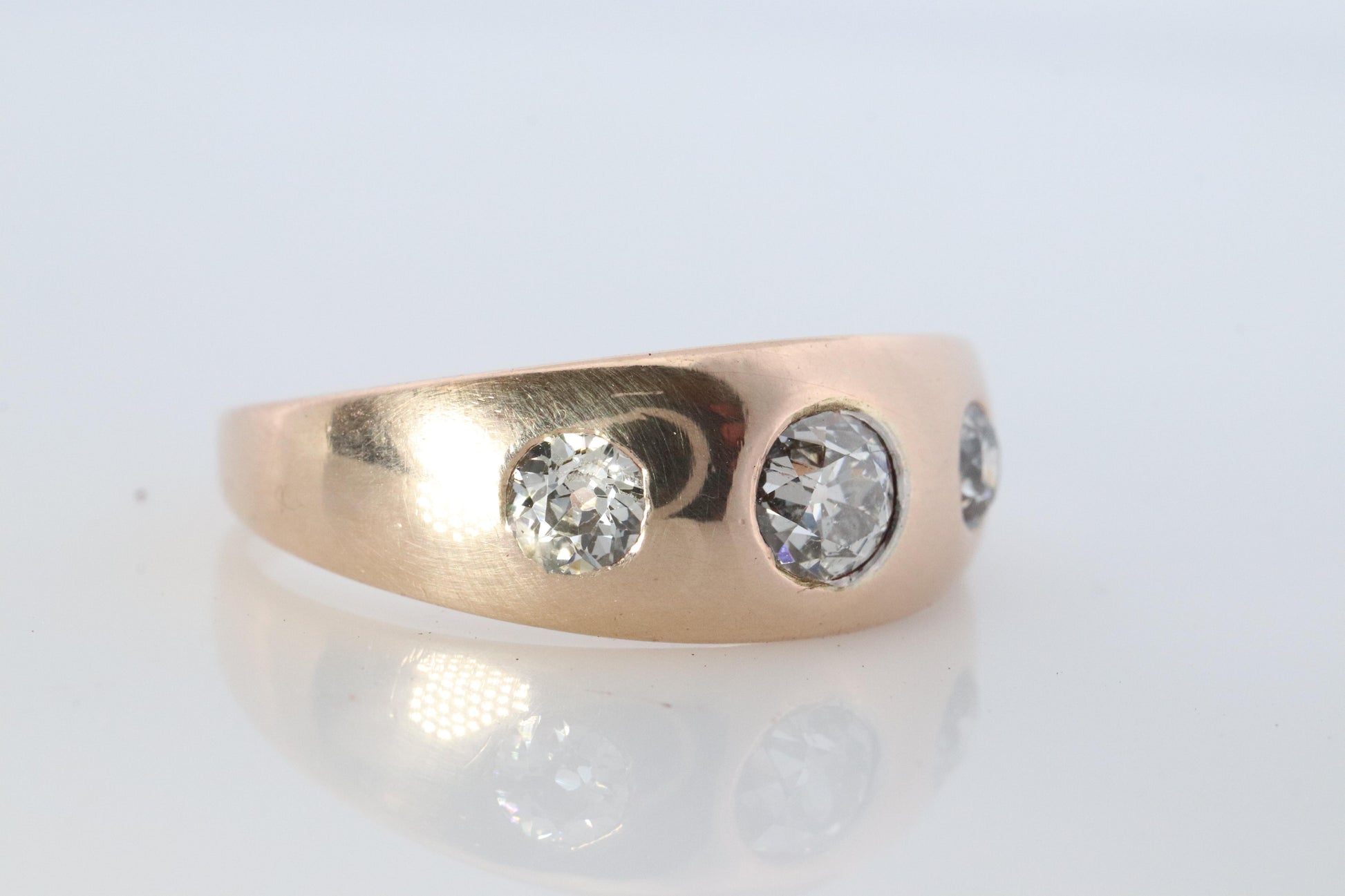 Antique 14k Triple Diamond signet ring. Gypsy Diamond bezel set into Signet band