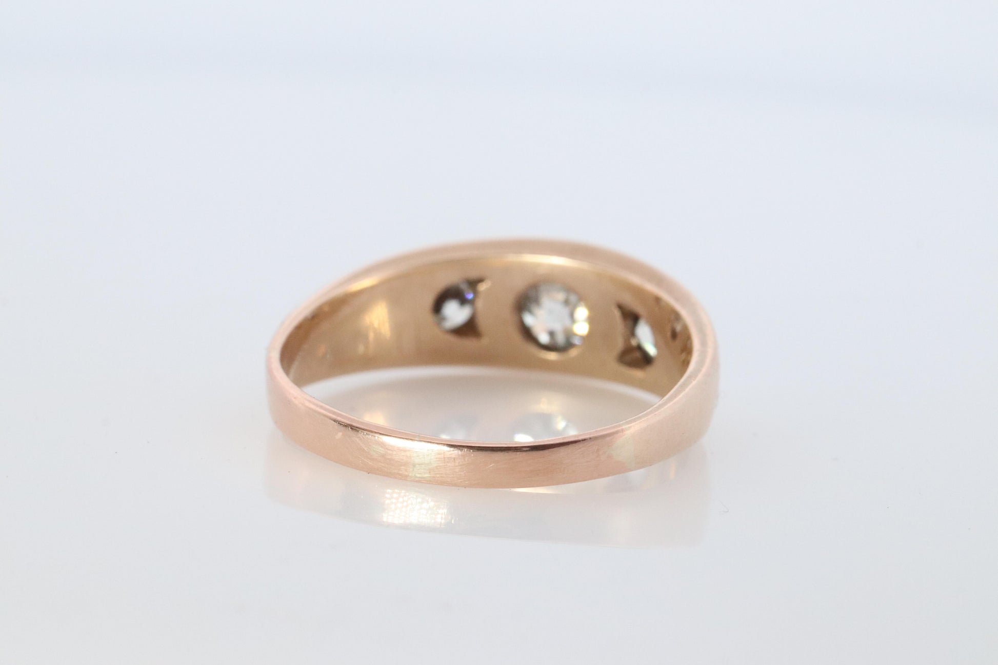 Antique 14k Triple Diamond signet ring. Gypsy Diamond bezel set into Signet band