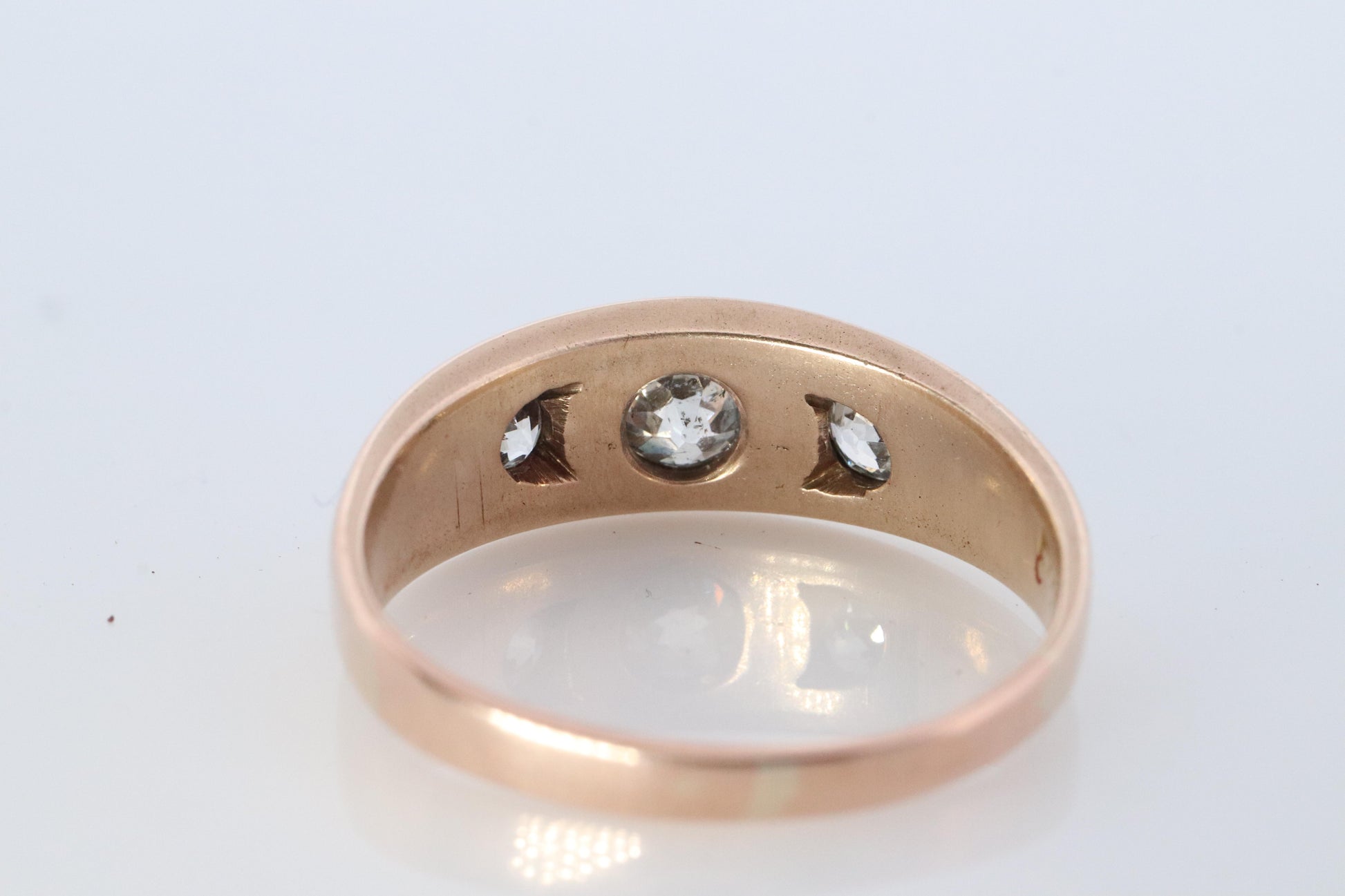 Antique 14k Triple Diamond signet ring. Gypsy Diamond bezel set into Signet band