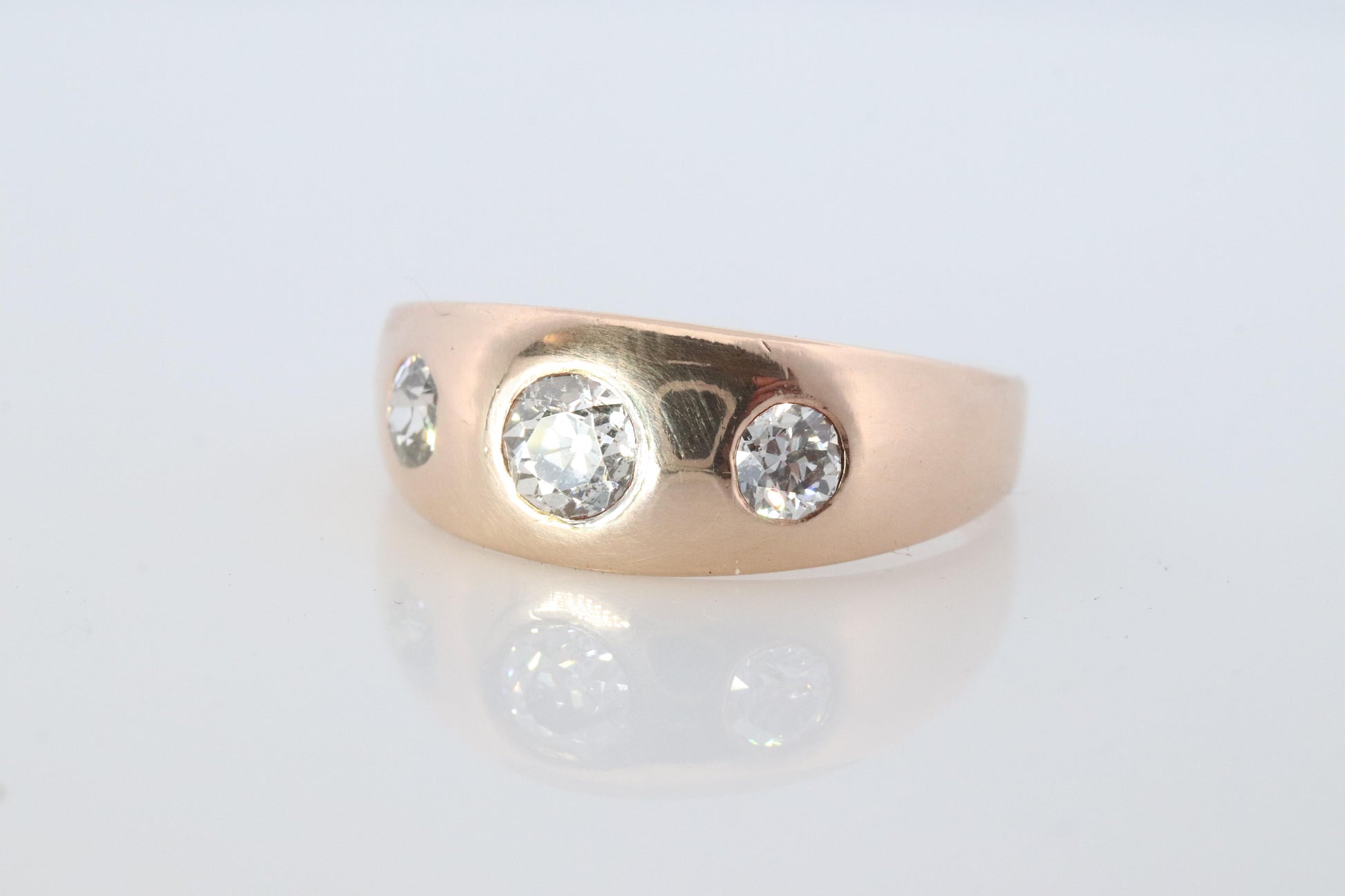 Antique 14k Triple Diamond signet ring. Gypsy Diamond bezel set into Signet band