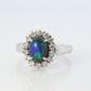 Black Opal Diamond Ring. PT900 Platinum Opal Diamond Halo Ballerina Ring Band.