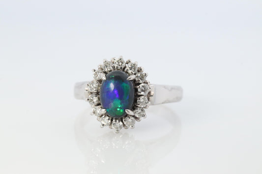 Black Opal Diamond Ring. PT900 Platinum Opal Diamond Halo Ballerina Ring Band.