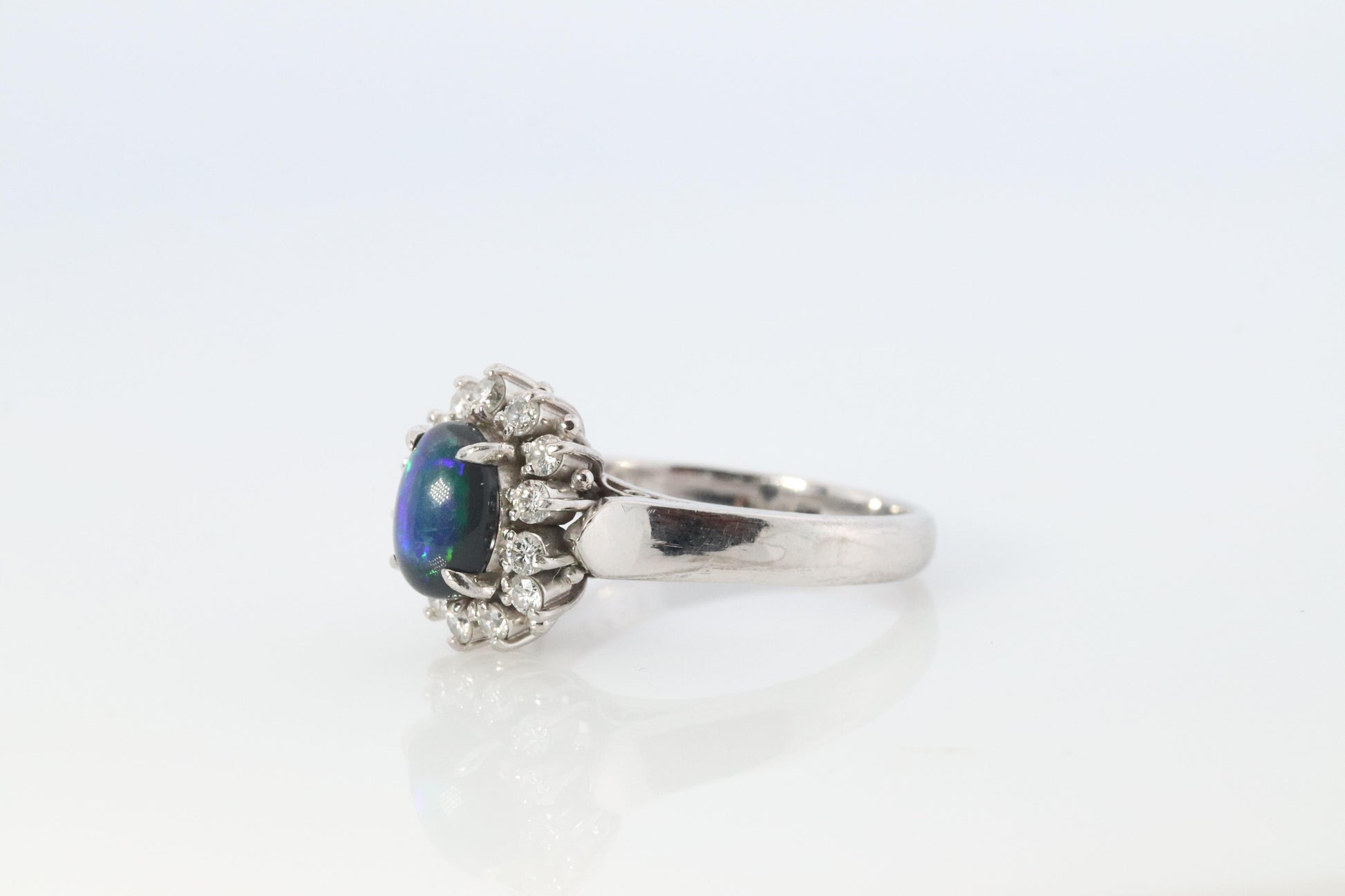 Black Opal Diamond Ring. PT900 Platinum Opal Diamond Halo Ballerina Ring Band.