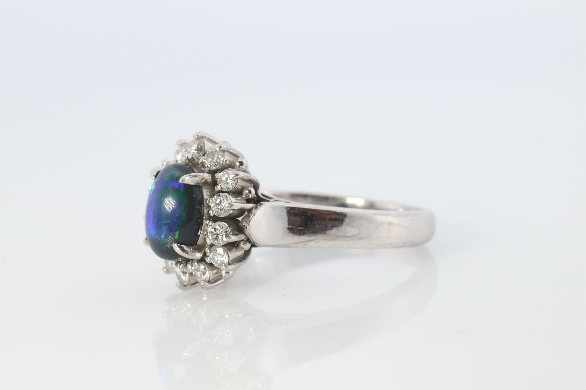 Black Opal Diamond Ring. PT900 Platinum Opal Diamond Halo Ballerina Ring Band.