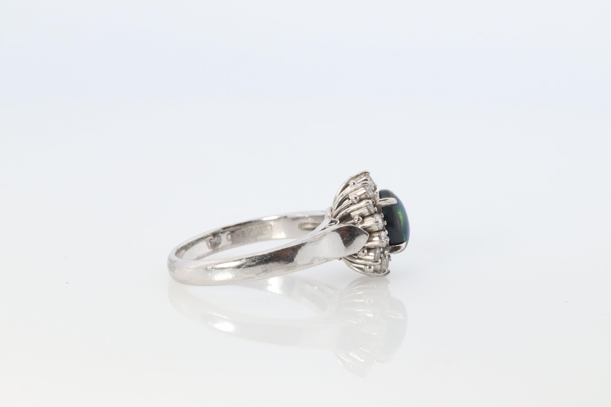 Black Opal Diamond Ring. PT900 Platinum Opal Diamond Halo Ballerina Ring Band.