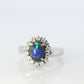 Black Opal Diamond Ring. PT900 Platinum Opal Diamond Halo Ballerina Ring Band.