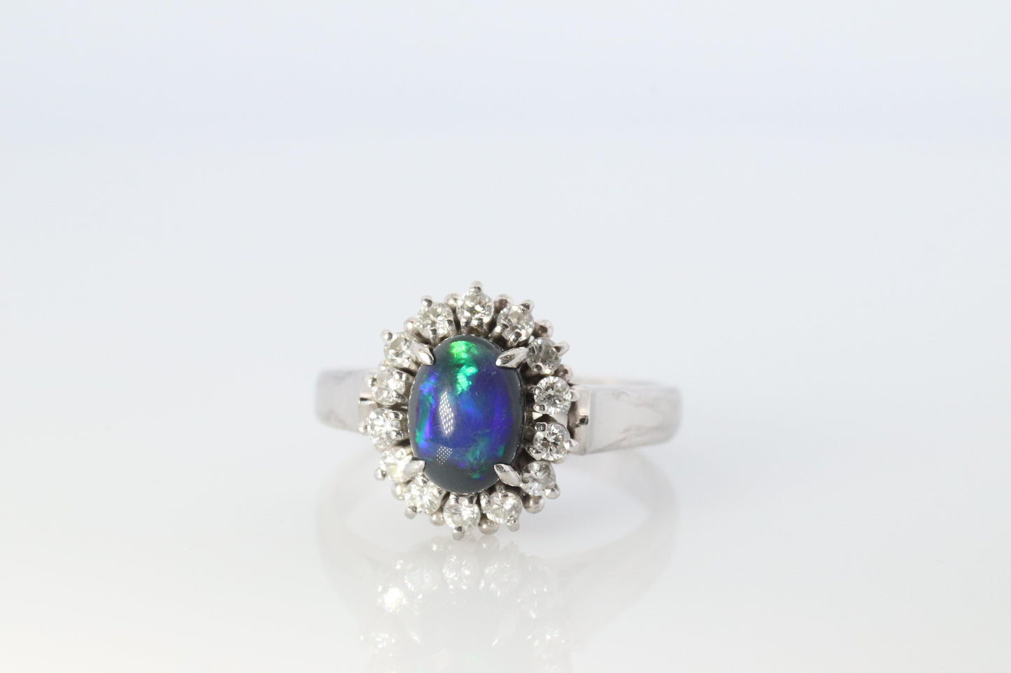 Black Opal Diamond Ring. PT900 Platinum Opal Diamond Halo Ballerina Ring Band.