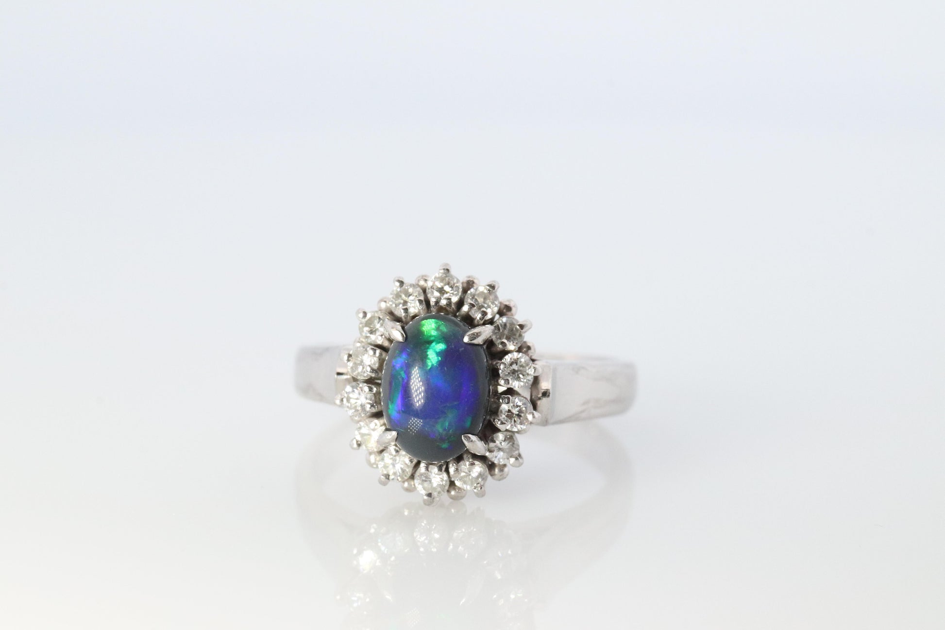 Black Opal Diamond Ring. PT900 Platinum Opal Diamond Halo Ballerina Ring Band.