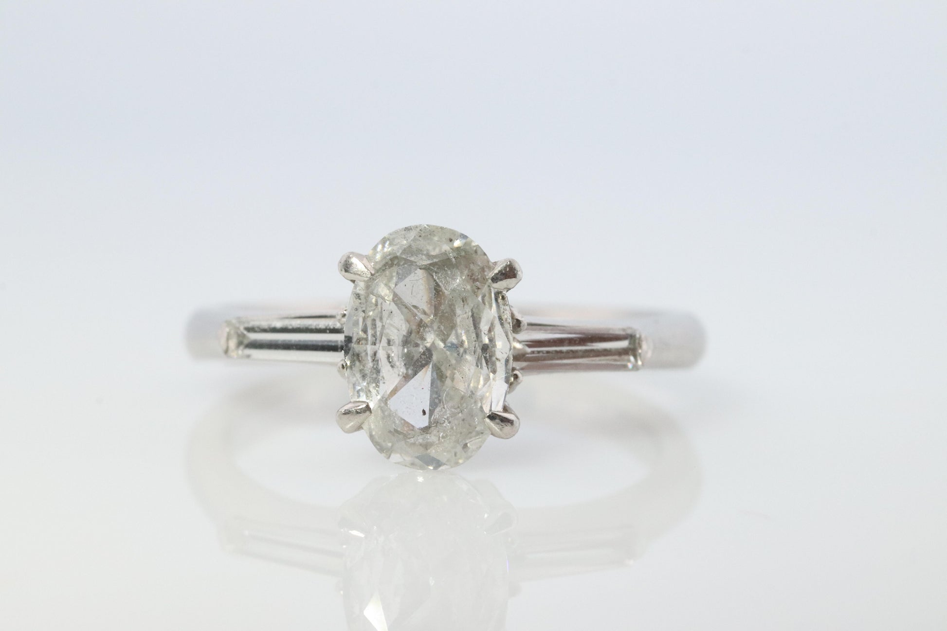 LARGE Diamond Oval engagement ring. Platinum 1CT Oval Diamond Solitaire baguette
