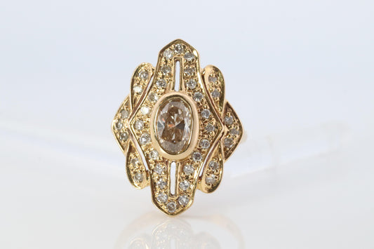 18k Diamond Shield ring 18k yellow gold with diamonds and filigree open design.
