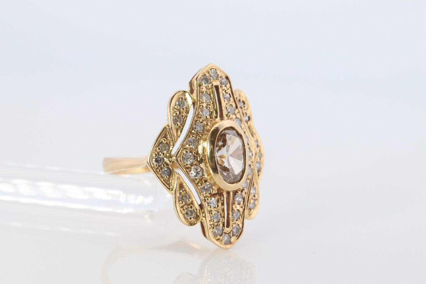 18k Diamond Shield ring 18k yellow gold with diamonds and filigree open design.