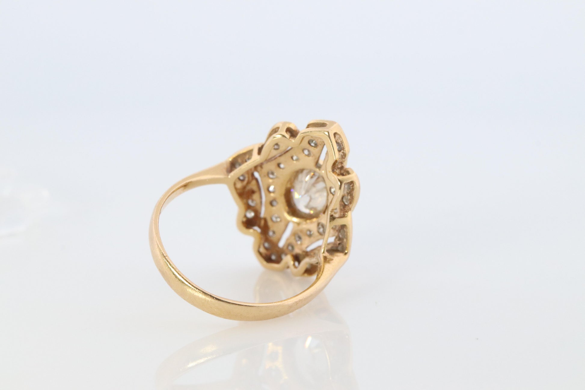 18k Diamond Shield ring 18k yellow gold with diamonds and filigree open design.