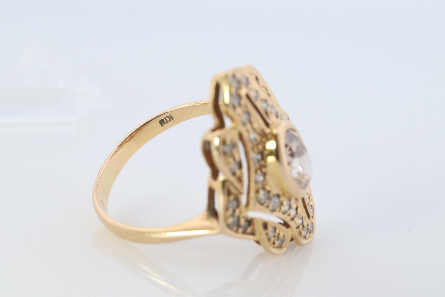 18k Diamond Shield ring 18k yellow gold with diamonds and filigree open design.