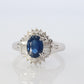Sapphire and diamond Halo ring. Platinum Blue natural sapphire Ballerina ring