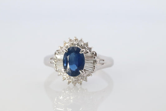Sapphire and diamond Halo ring. Platinum Blue natural sapphire Ballerina ring