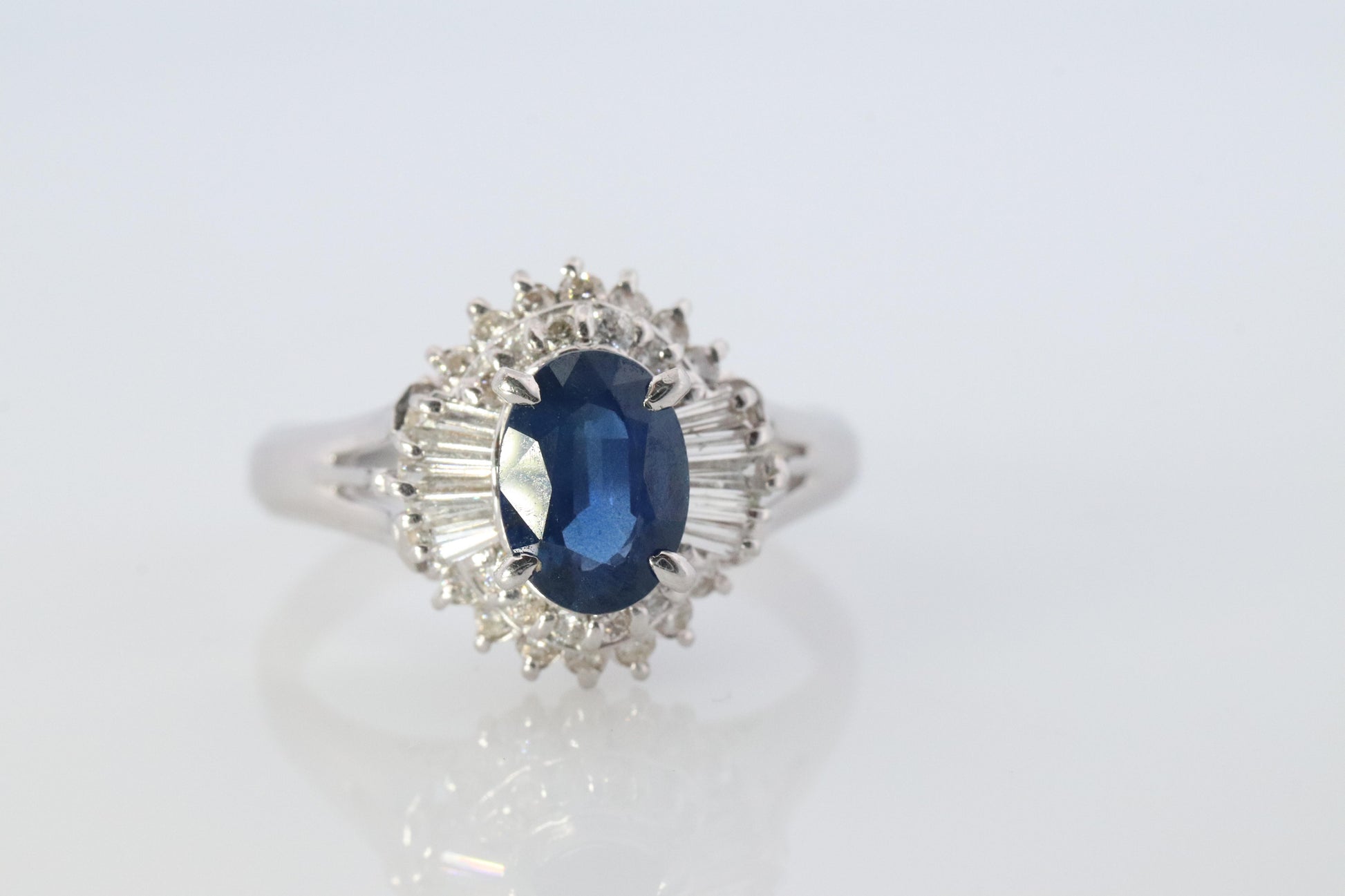 Sapphire and diamond Halo ring. Platinum Blue natural sapphire Ballerina ring