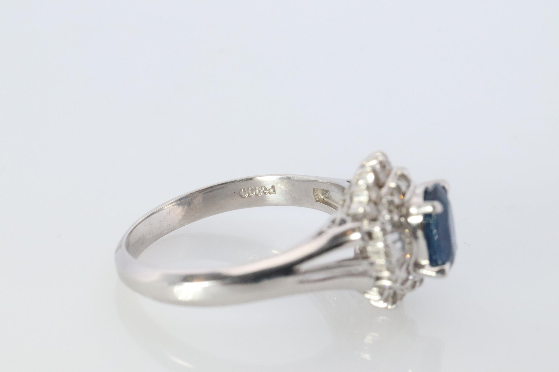 Sapphire and diamond Halo ring. Platinum Blue natural sapphire Ballerina ring