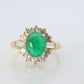 18k Emerald and Diamond Halo yellow gold ring. Natural Emerald Cabochon ring.