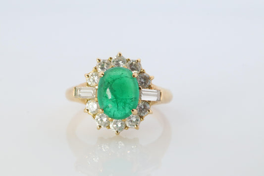 18k Emerald and Diamond Halo yellow gold ring. Natural Emerald Cabochon ring.