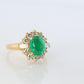 18k Emerald and Diamond Halo yellow gold ring. Natural Emerald Cabochon ring.