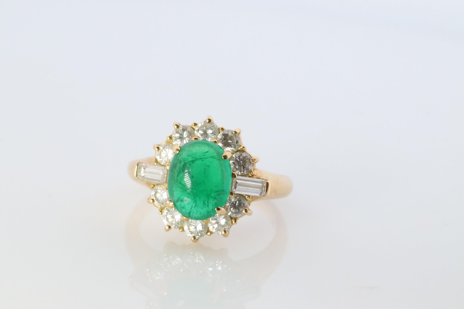 18k Emerald and Diamond Halo yellow gold ring. Natural Emerald Cabochon ring.
