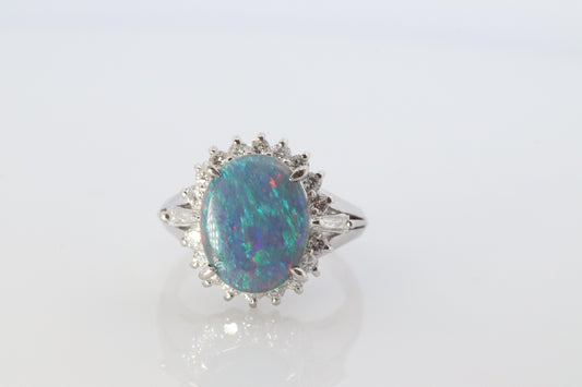 Black Opal Diamond Ring. PT900 Platinum Opal Diamond Halo Ballerina Ring Band.