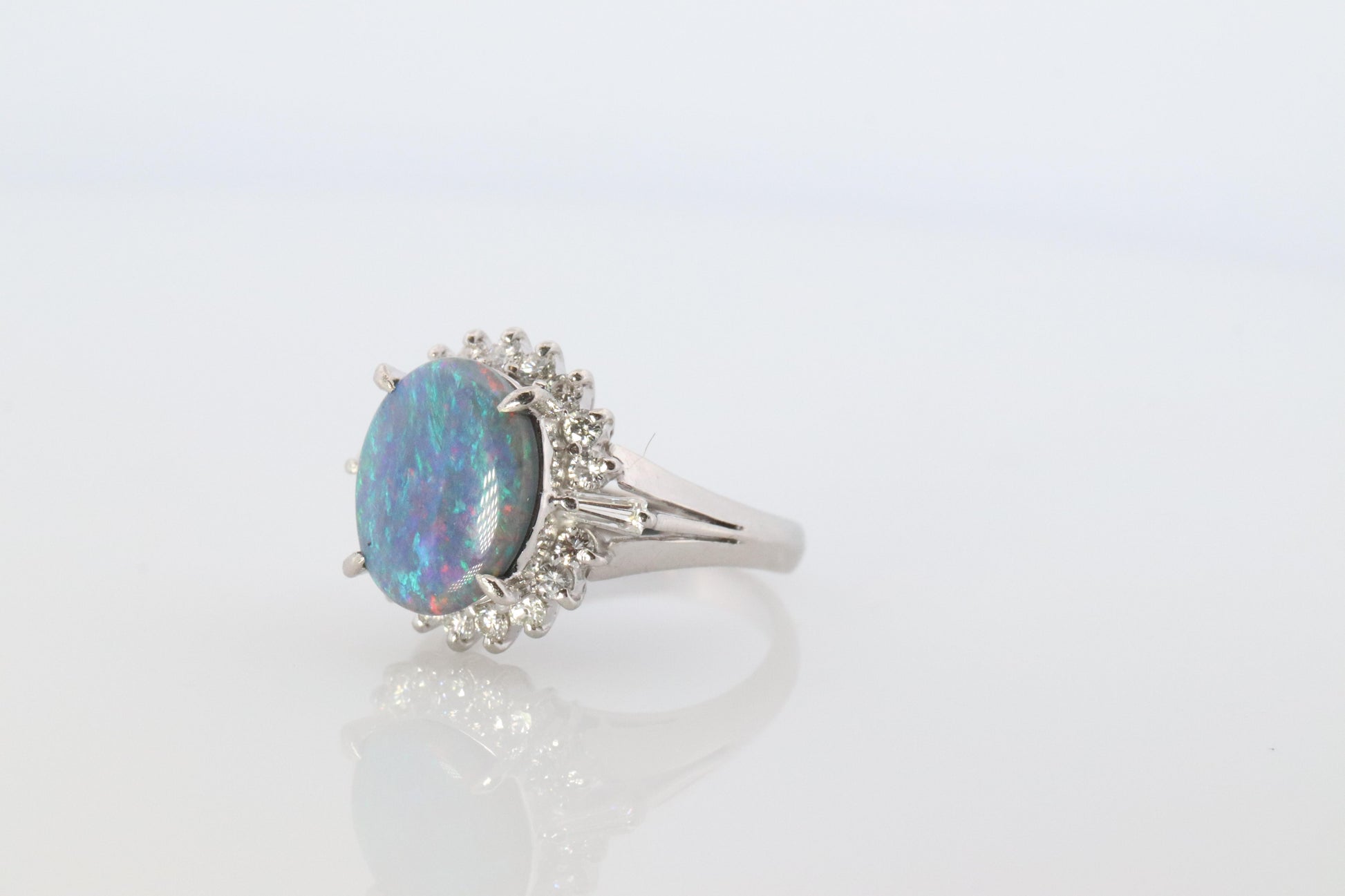 Black Opal Diamond Ring. PT900 Platinum Opal Diamond Halo Ballerina Ring Band.