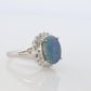 Black Opal Diamond Ring. PT900 Platinum Opal Diamond Halo Ballerina Ring Band.