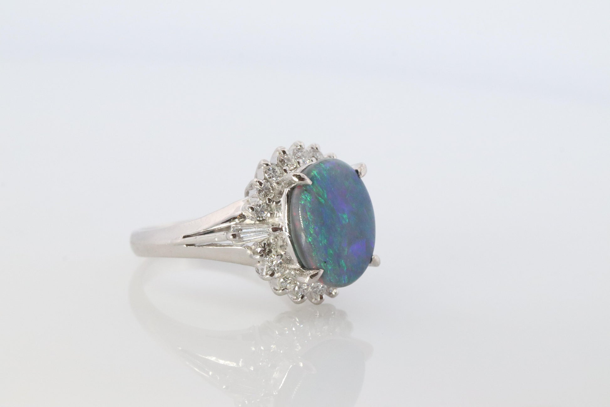 Black Opal Diamond Ring. PT900 Platinum Opal Diamond Halo Ballerina Ring Band.