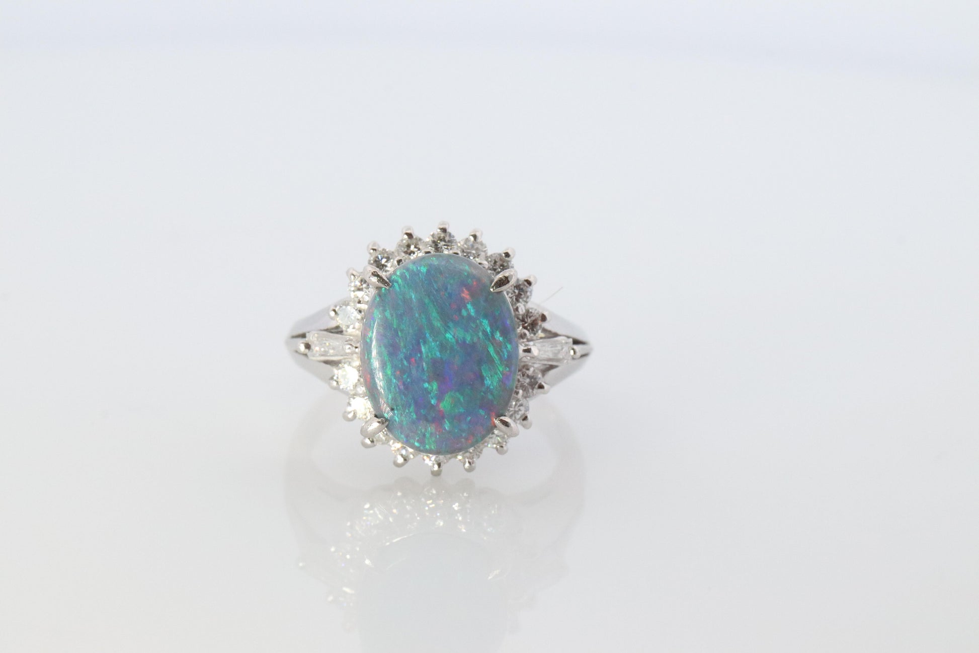 Black Opal Diamond Ring. PT900 Platinum Opal Diamond Halo Ballerina Ring Band.