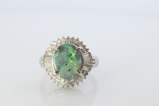 Black Opal Diamond Ring. PT850 Platinum Opal Diamond Halo Ballerina Ring Band.
