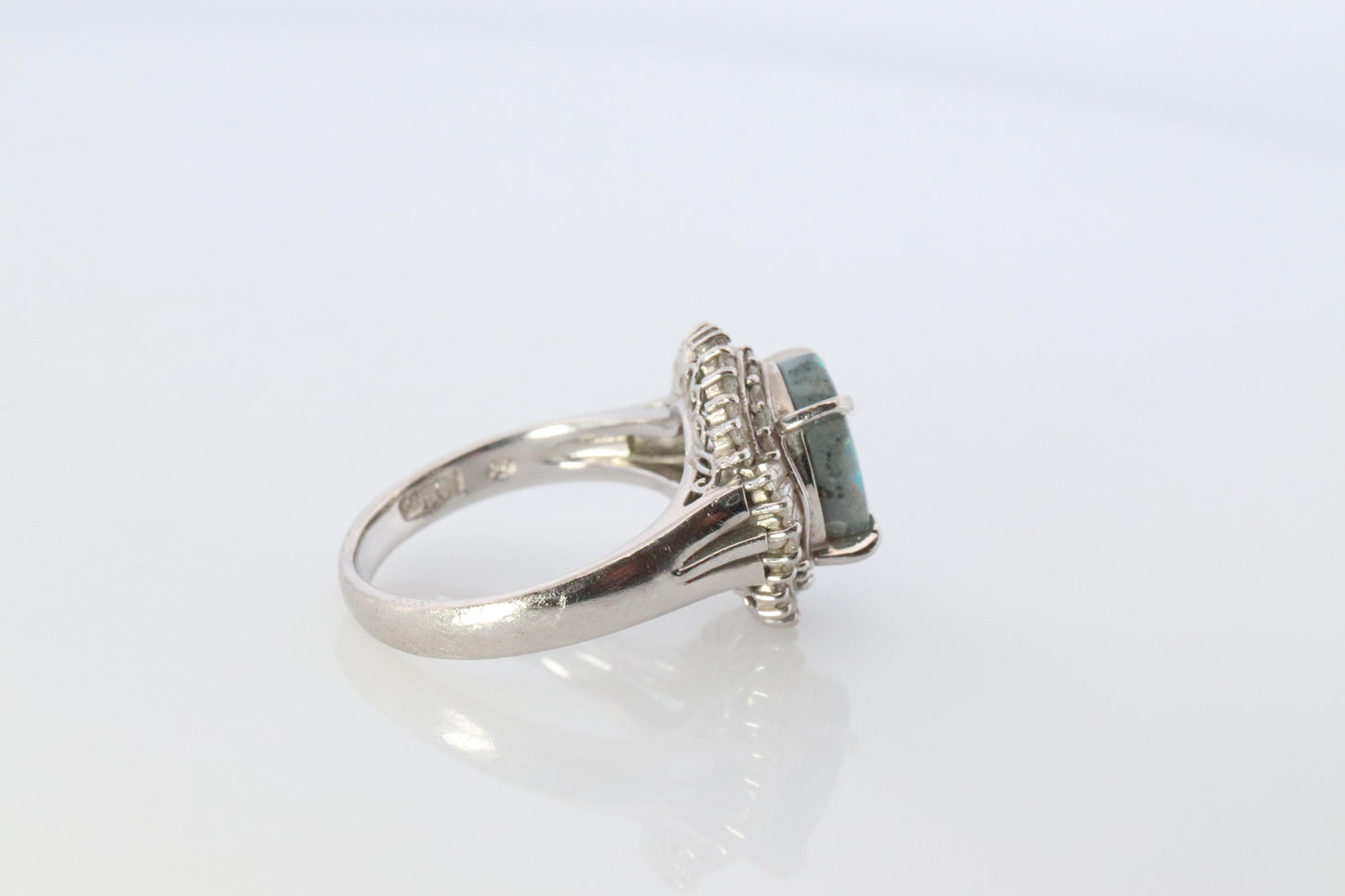 Black Opal Diamond Ring. PT850 Platinum Opal Diamond Halo Ballerina Ring Band.