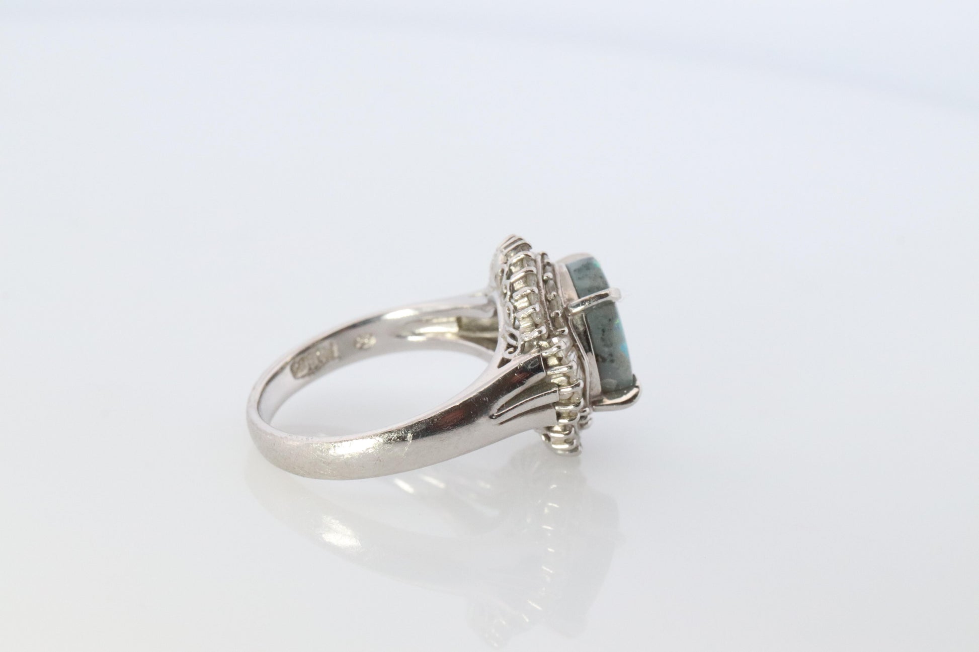 Black Opal Diamond Ring. PT850 Platinum Opal Diamond Halo Ballerina Ring Band.