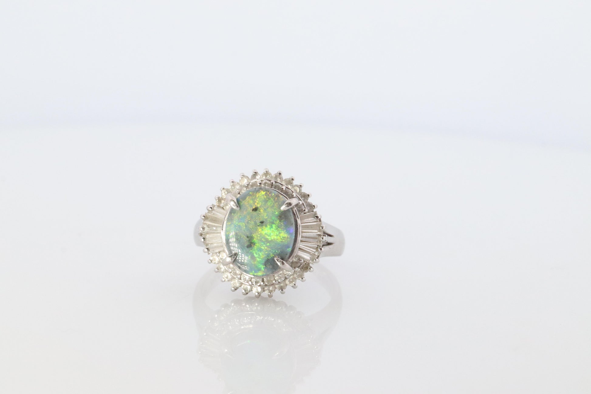Black Opal Diamond Ring. PT850 Platinum Opal Diamond Halo Ballerina Ring Band.