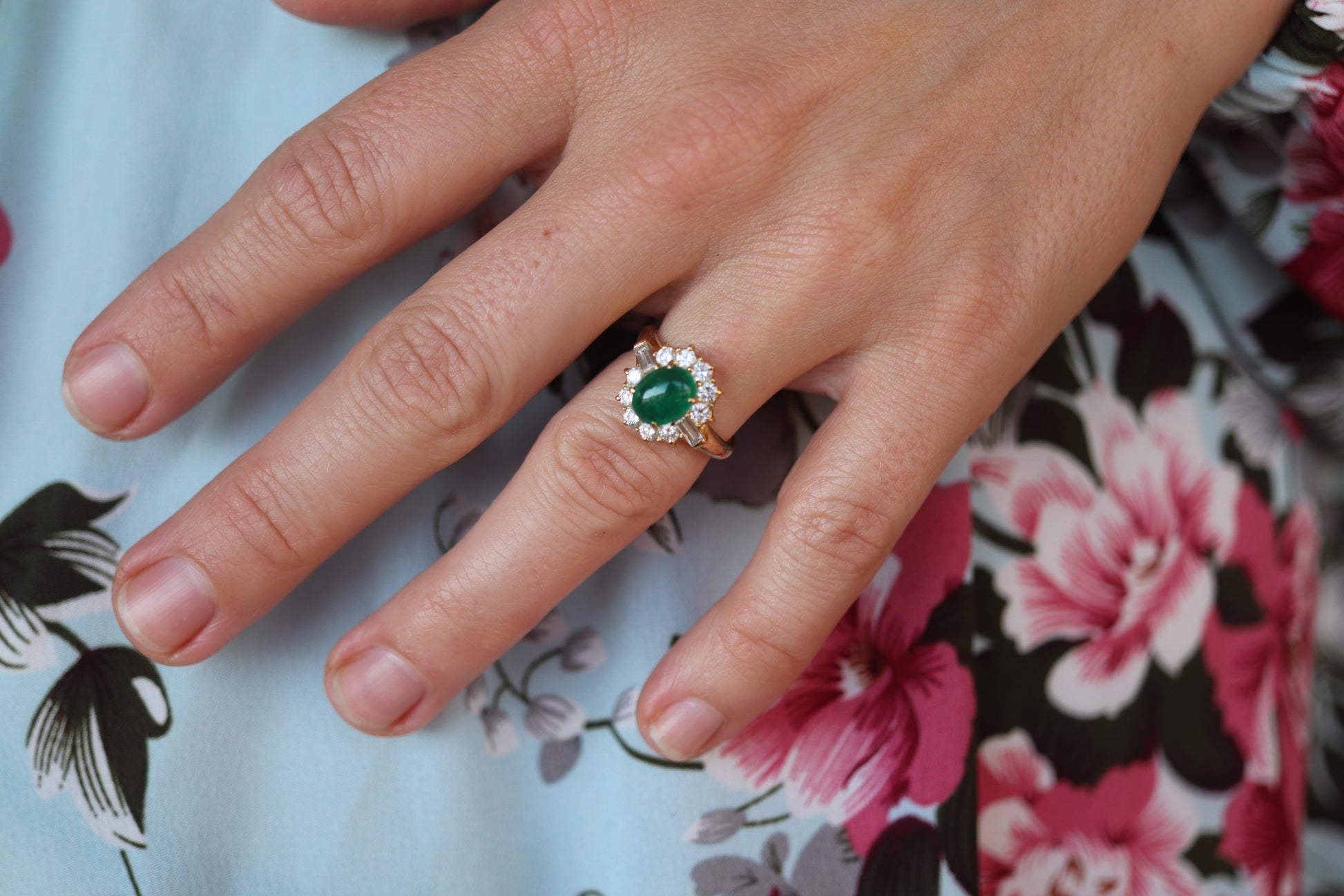 18k Emerald and Diamond Halo yellow gold ring. Natural Emerald Cabochon ring.