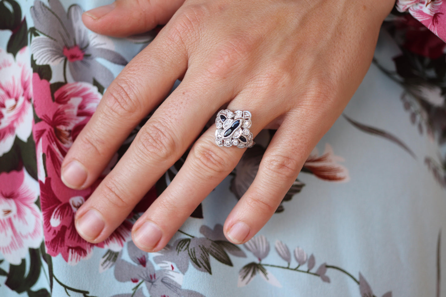 Sapphire shield ring. Platinum Shield Ring. Sapphire and Diamond wide band.