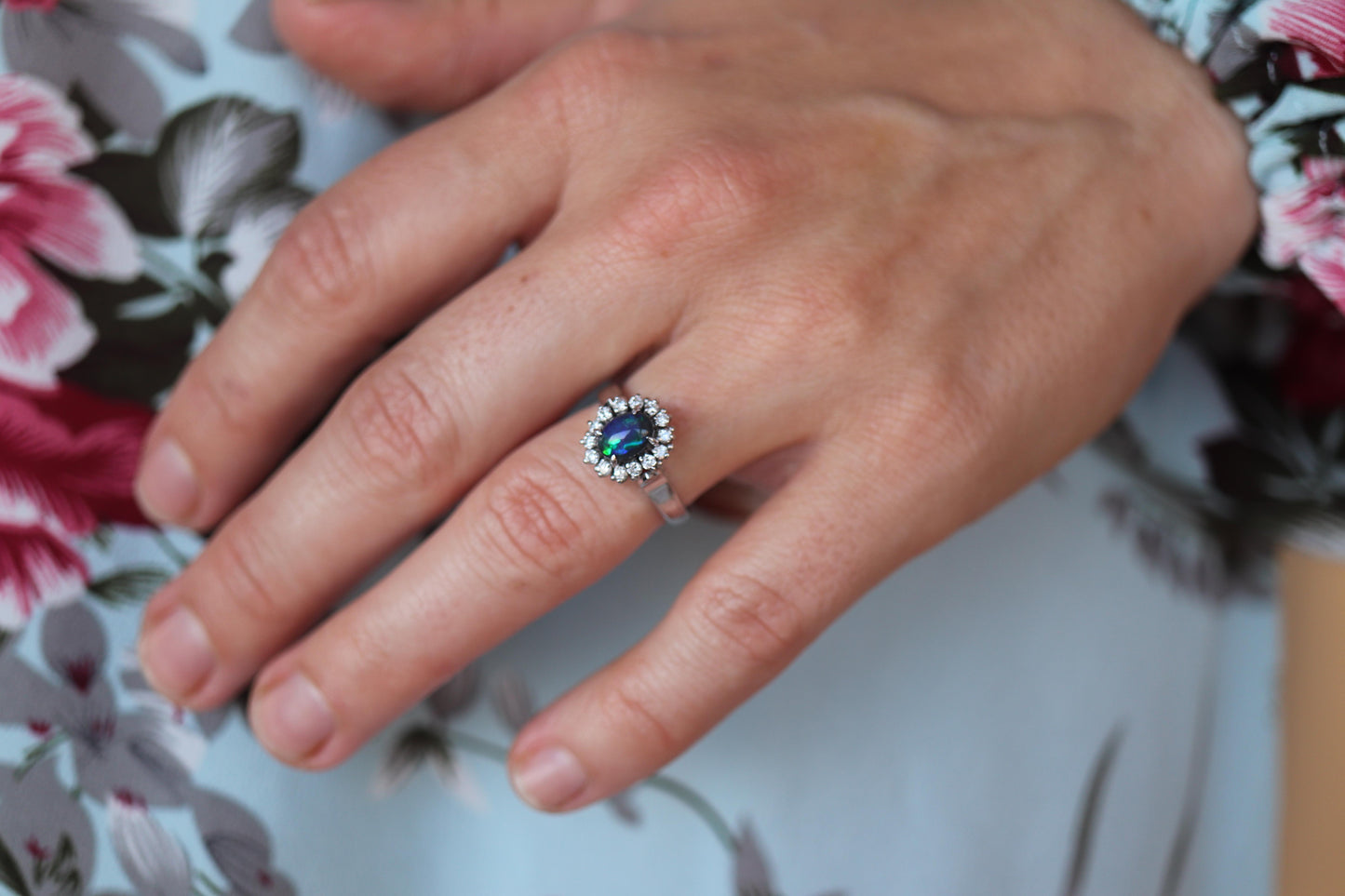Black Opal Diamond Ring. PT900 Platinum Opal Diamond Halo Ballerina Ring Band.