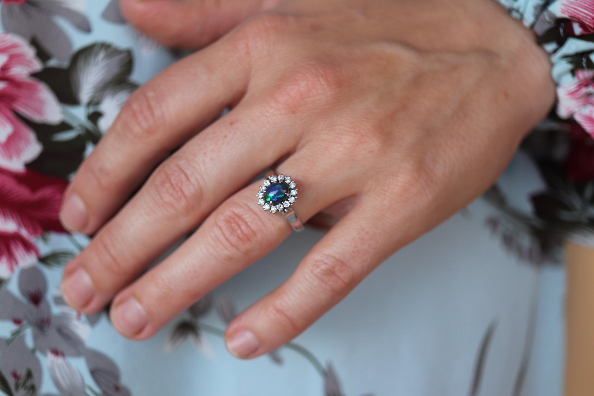 Black Opal Diamond Ring. PT900 Platinum Opal Diamond Halo Ballerina Ring Band.