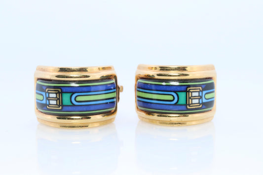Hermes Earrings. Genuine Vintage Hermes cloisonne enamel golden earrings Clip on