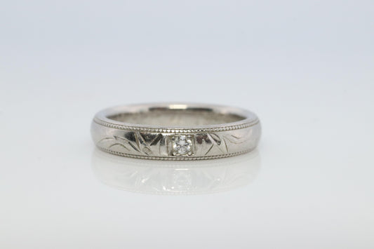 Mikimoto Milgrain Ring. Platinum Mikimoto Diamond Bezel Engraved PT950 Band