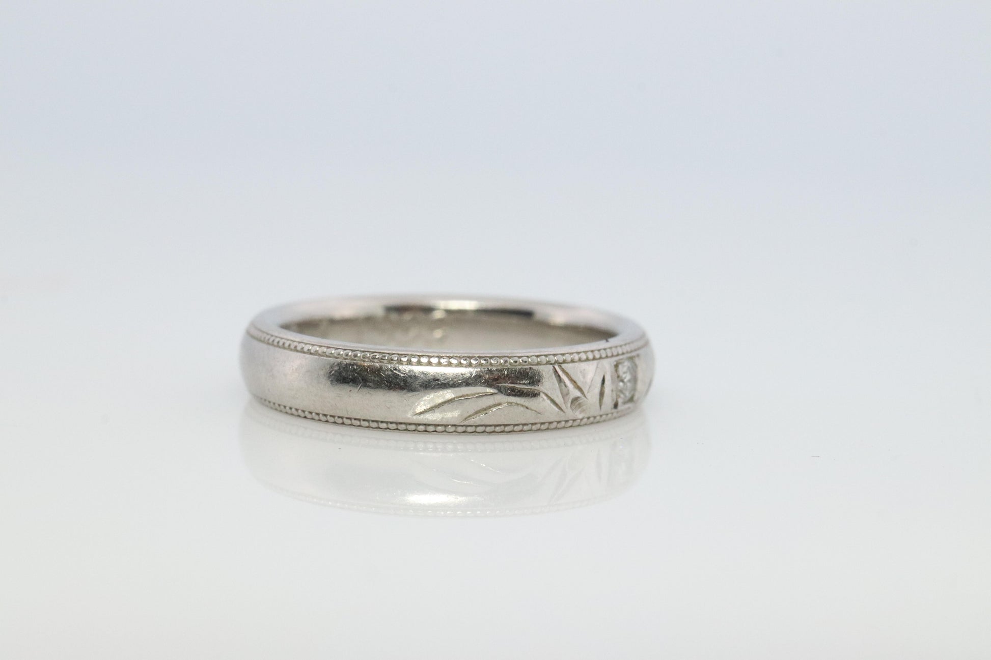 Mikimoto Milgrain Ring. Platinum Mikimoto Diamond Bezel Engraved PT950 Band