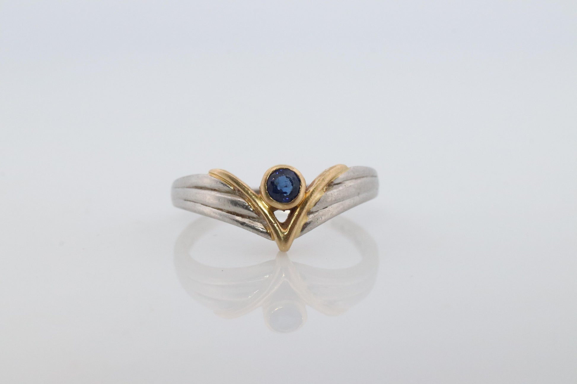 Mikimoto Sapphire Ring. Platinum 18k Mikimoto Sapphire Bezel V Band.
